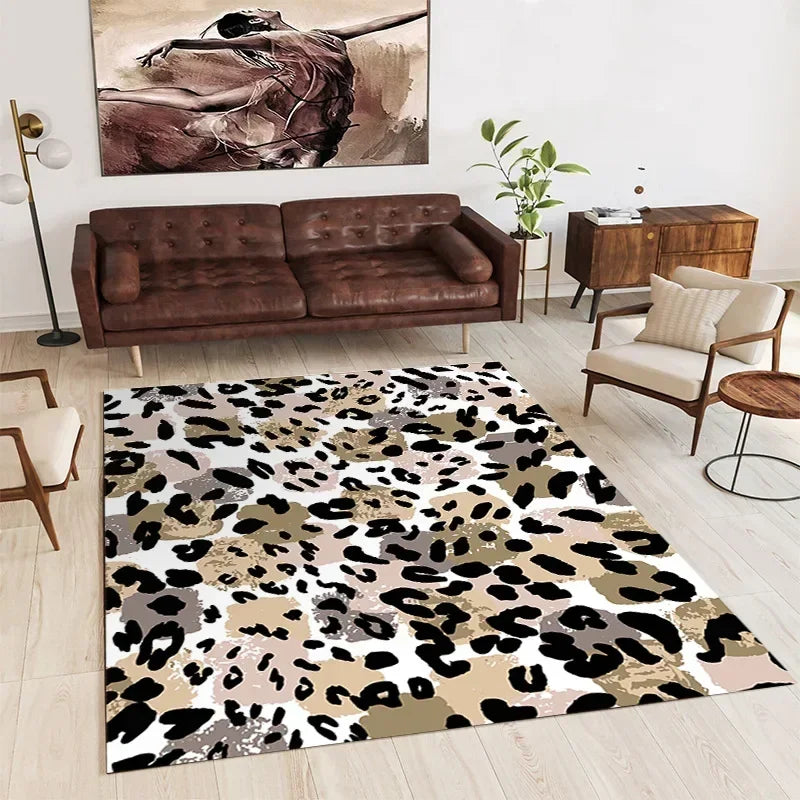 Tapis de sol abstrait avec des motifs de taches de couleurs variées, créant une ambiance moderne et élégante dans un salon d'intérieur.