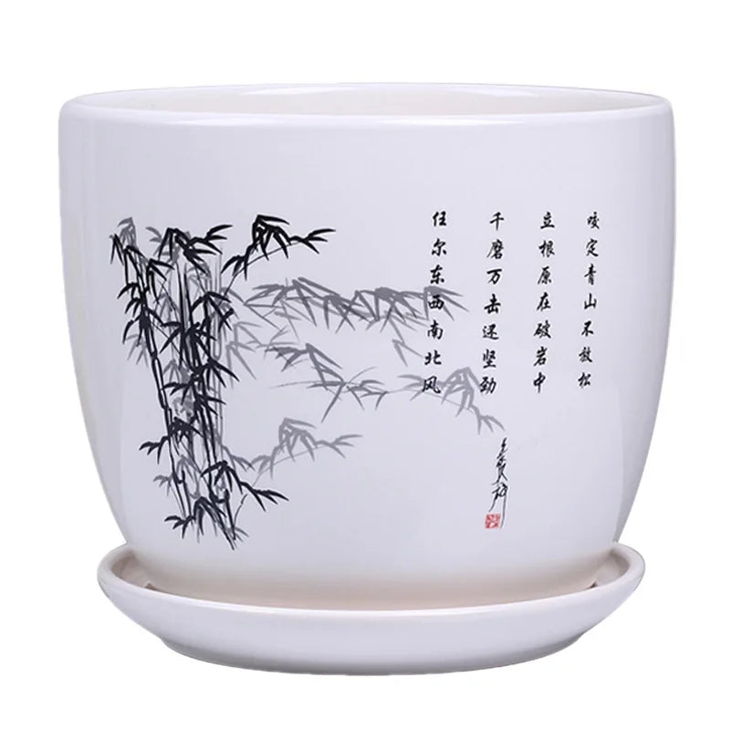 vase decoratif art traditionnel chinois cache pot fleurs oiseaux calligraphie chinoise blanc rouge vert