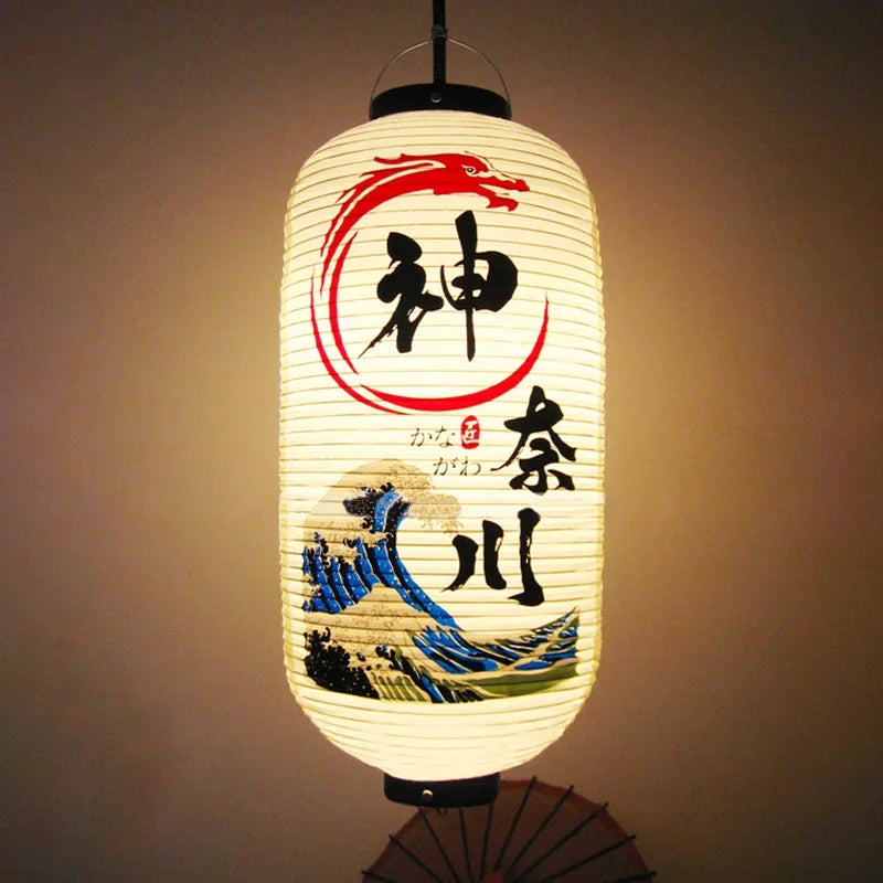 lanterne japonaise traditionnelle blanc noir rouge bleu vert paysages symboles lettrage extérieur festive