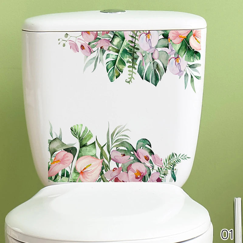 autocollant mural décoration toilettes motif feuilles fleurs floral opaques blanc