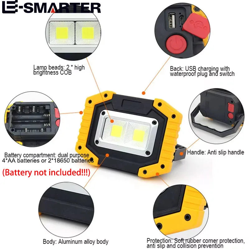 projecteur led multifonctionnel industriel jaune noir compartiment piles usb