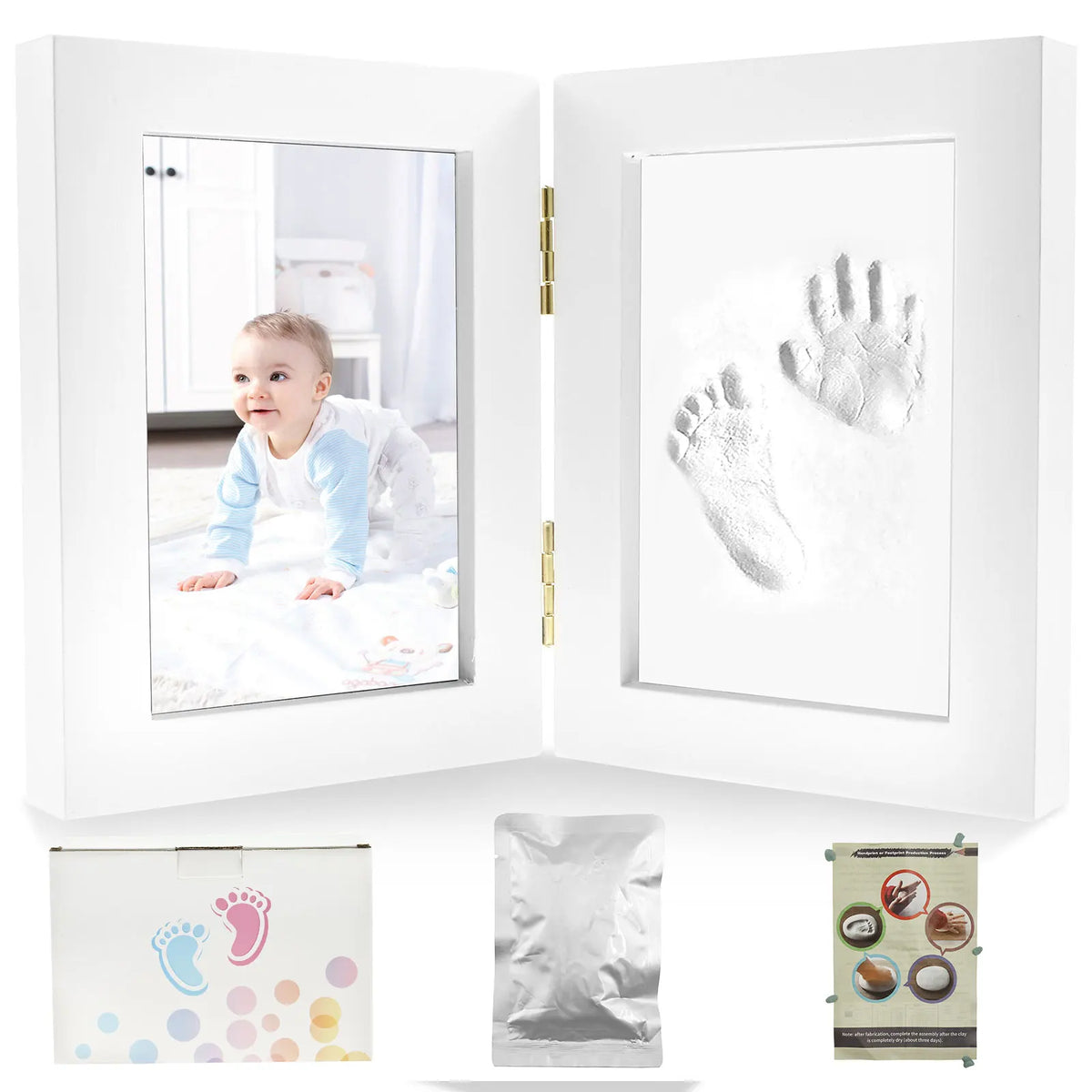 Cadre photo pliable bois blanc empreintes mains bébés souvenir classique kit encre instructions