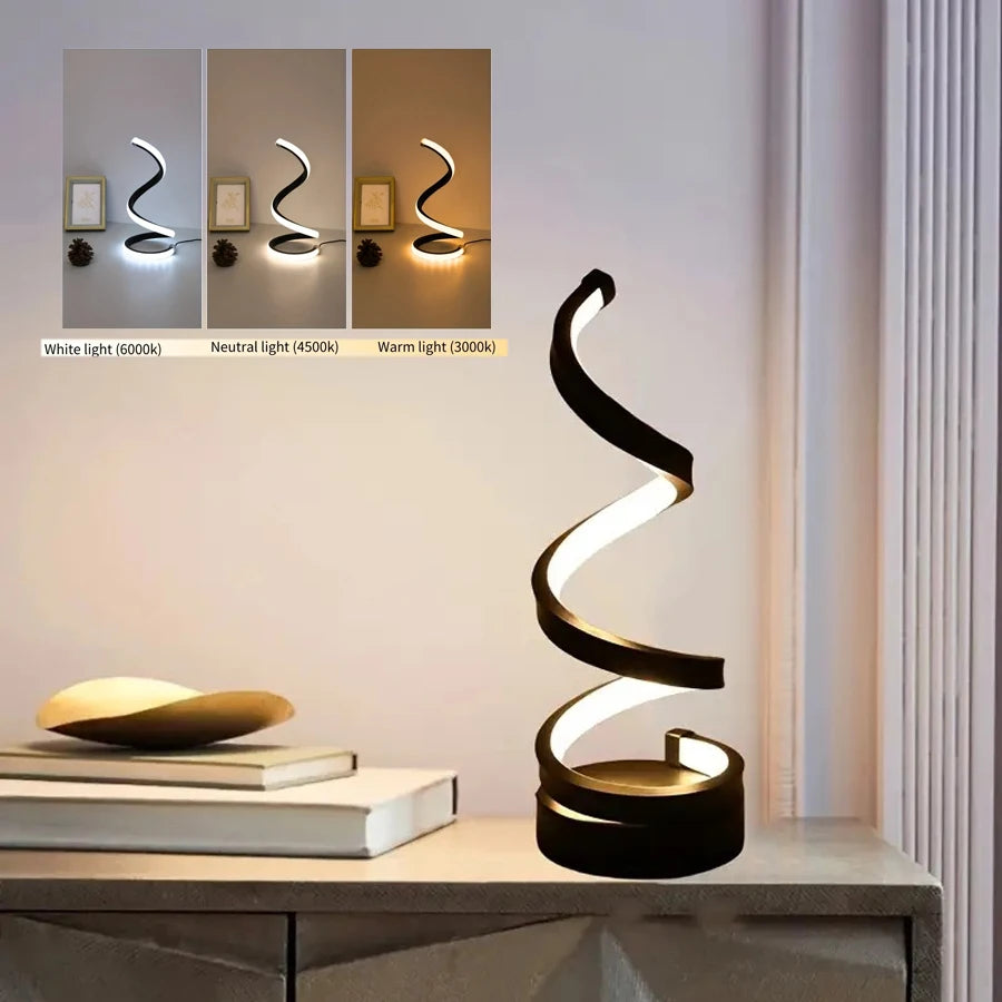 lampe table spirale led noire moderne veilleuse intensité variable télécommande chambre coucher
