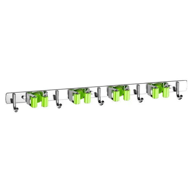 porte balais mural support crochet rangement acier inoxydable couleur argent vert moderne adhésif fixe