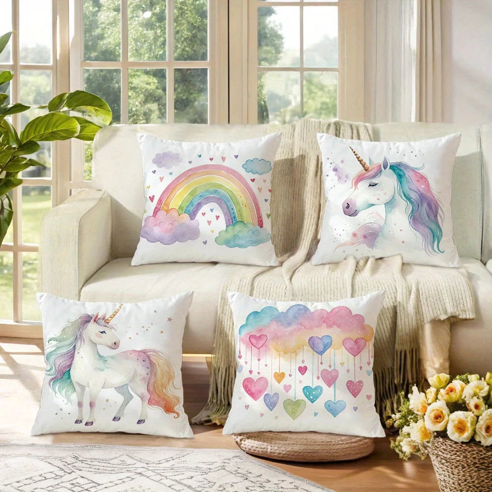 taies d'oreiller arc ciel licorne coeurs pastel enfant decoration maison lit polyester peachskin motifs