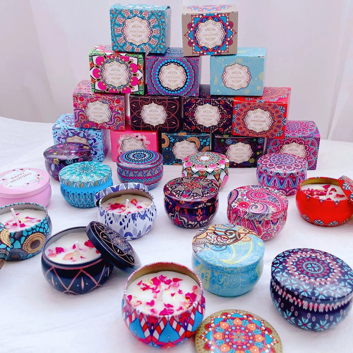 bougies parfumées cire soja parfum mandala boho chic bleu rose noir blanc aromathérapie