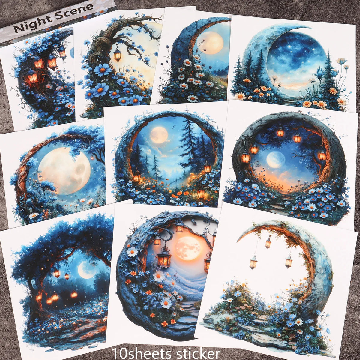 sticker mural paysage nocturne lune arbres fleurs transparent adhésif bleu blanc orange vert