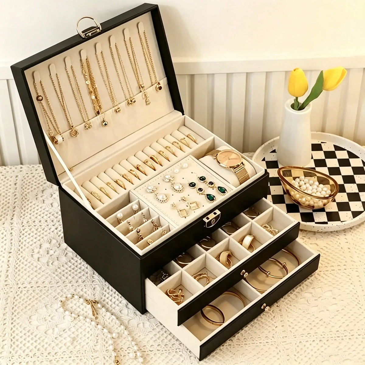 boîte bijoux cuir noir velours intérieur rangements classique poignées dorées bijoux organisation sécurité multifonctionnelle