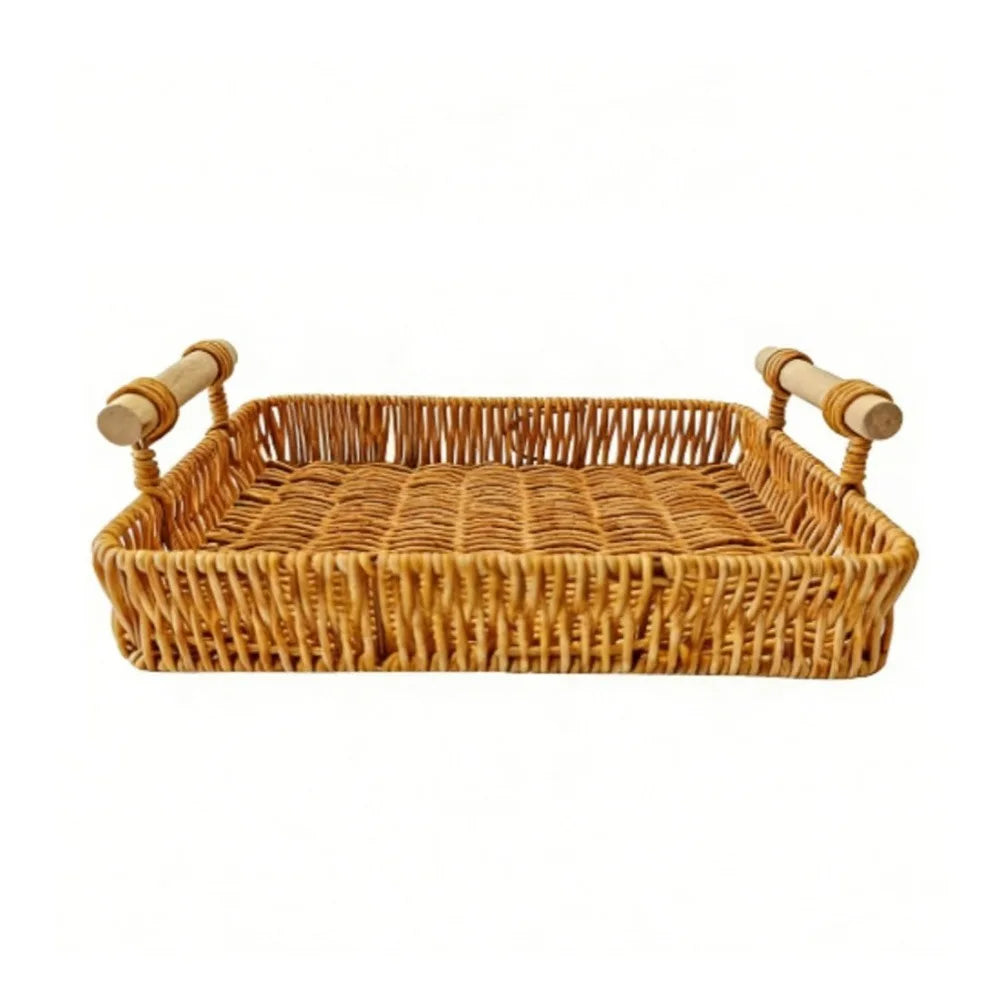panier tressé naturel traditionnel poignées bois plateau service alimentaire gain place rangement plastique imitation
