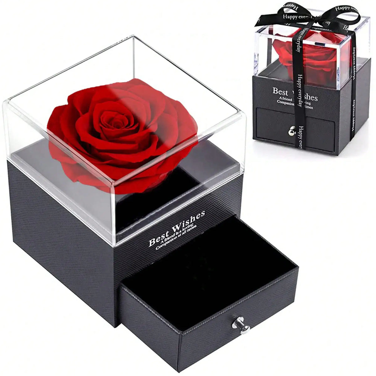 rose préservée coffret transparent tiroir collier sac cadeau rouge noir romantique élégant anniversaire valentin
