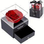 rose préservée coffret transparent tiroir collier sac cadeau rouge noir romantique élégant anniversaire valentin