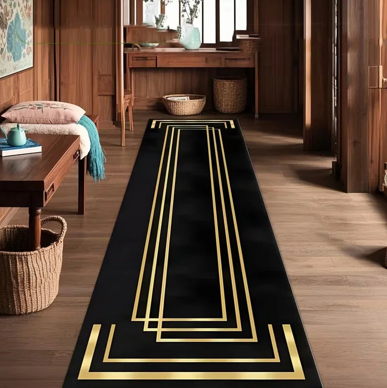 tapis géométrique moderne noir or gris salon chambre décoration intérieure PVC polyester