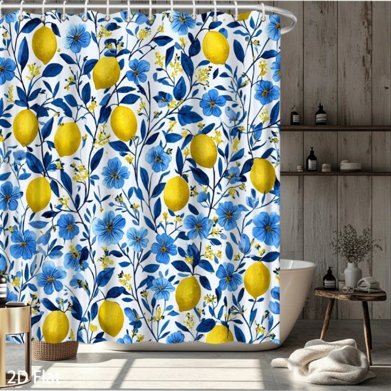 rideau douche fleurs citrons motif aquarelle blanc jaune bleu moderne imperméable polyester