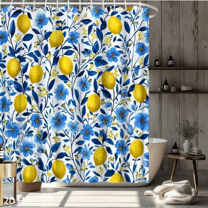 rideau douche fleurs citrons motif aquarelle blanc jaune bleu moderne imperméable polyester