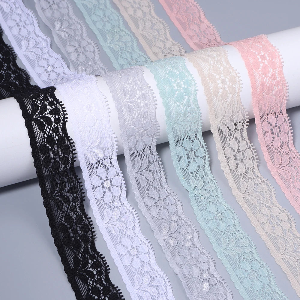 ruban dentelle élastique 2cm large motifs floraux noir blanc rose vert gris classique