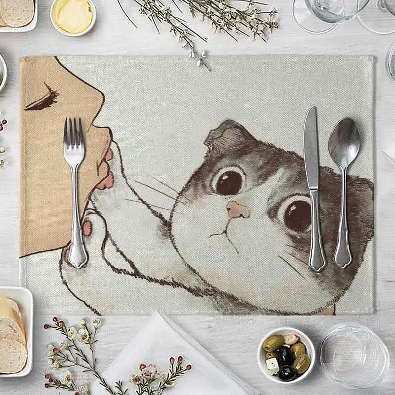 serviette table illustration chat mignon couleur beige gris rose toile lin respectueuse environnement