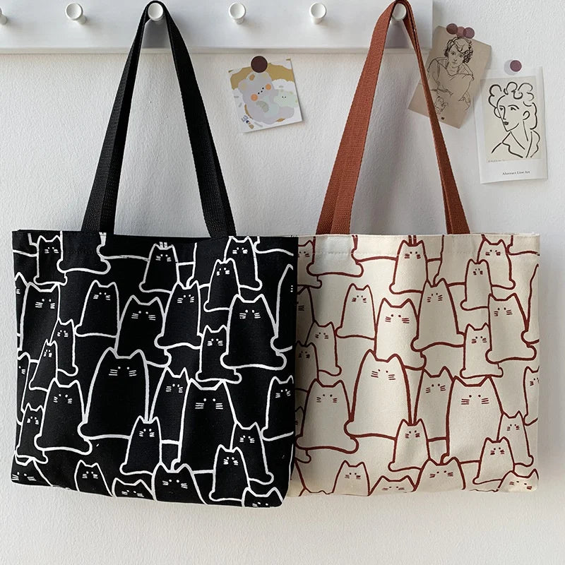 sac main femme toile imprimé chats noir blanc moderne casual poignées détachables fourre tout