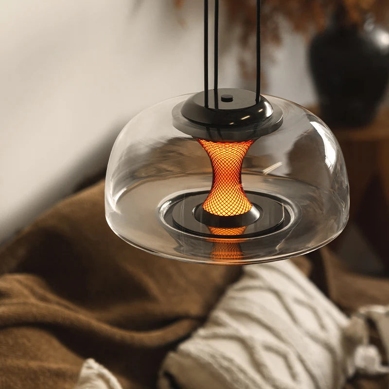 lampe suspendue moderne industrielle verre transparent noir doré maille dorée 2700k 5700k