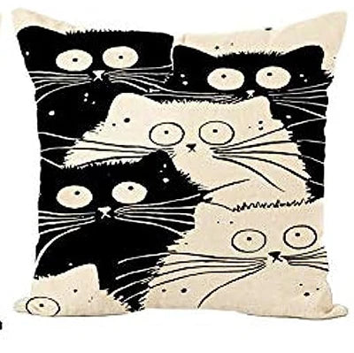 taie d'oreiller lin motif chats noir blanc moderne 45x45cm fixée