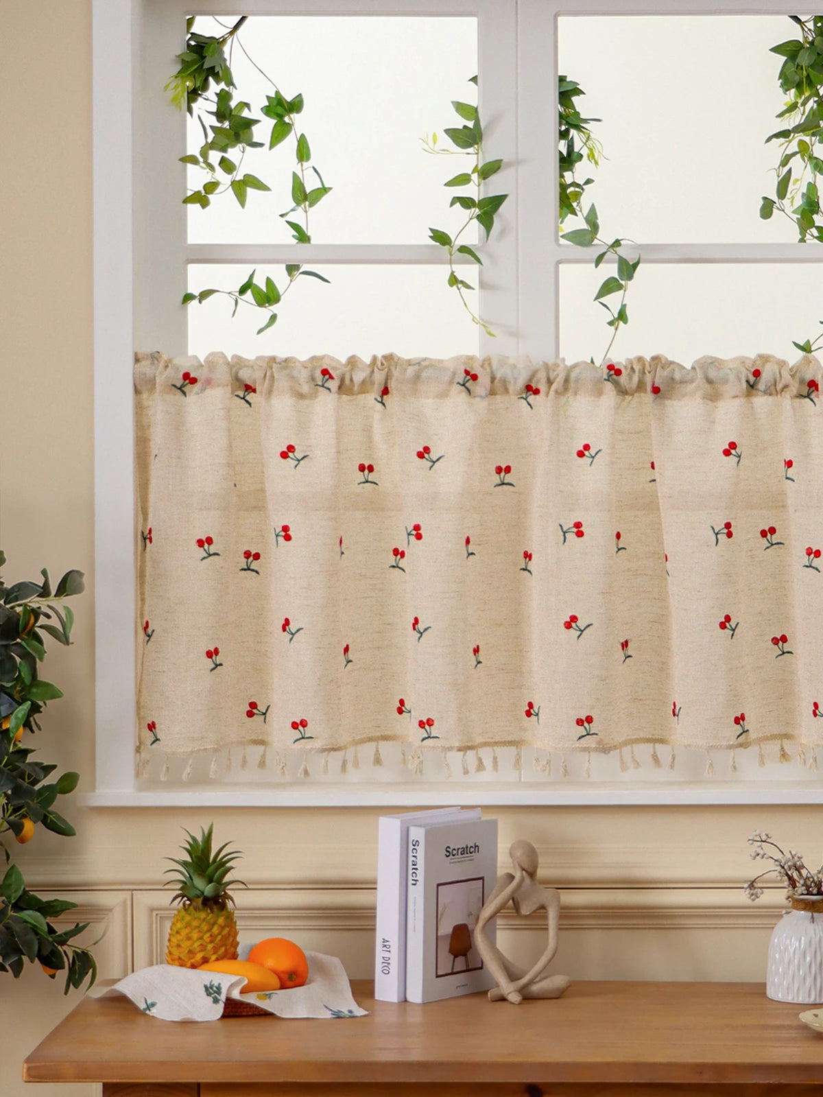 rideau lin brodé fleurs rouge vert beiges opaques tassels chambre cuisine 100x60cm 150x60cm 180x60cm