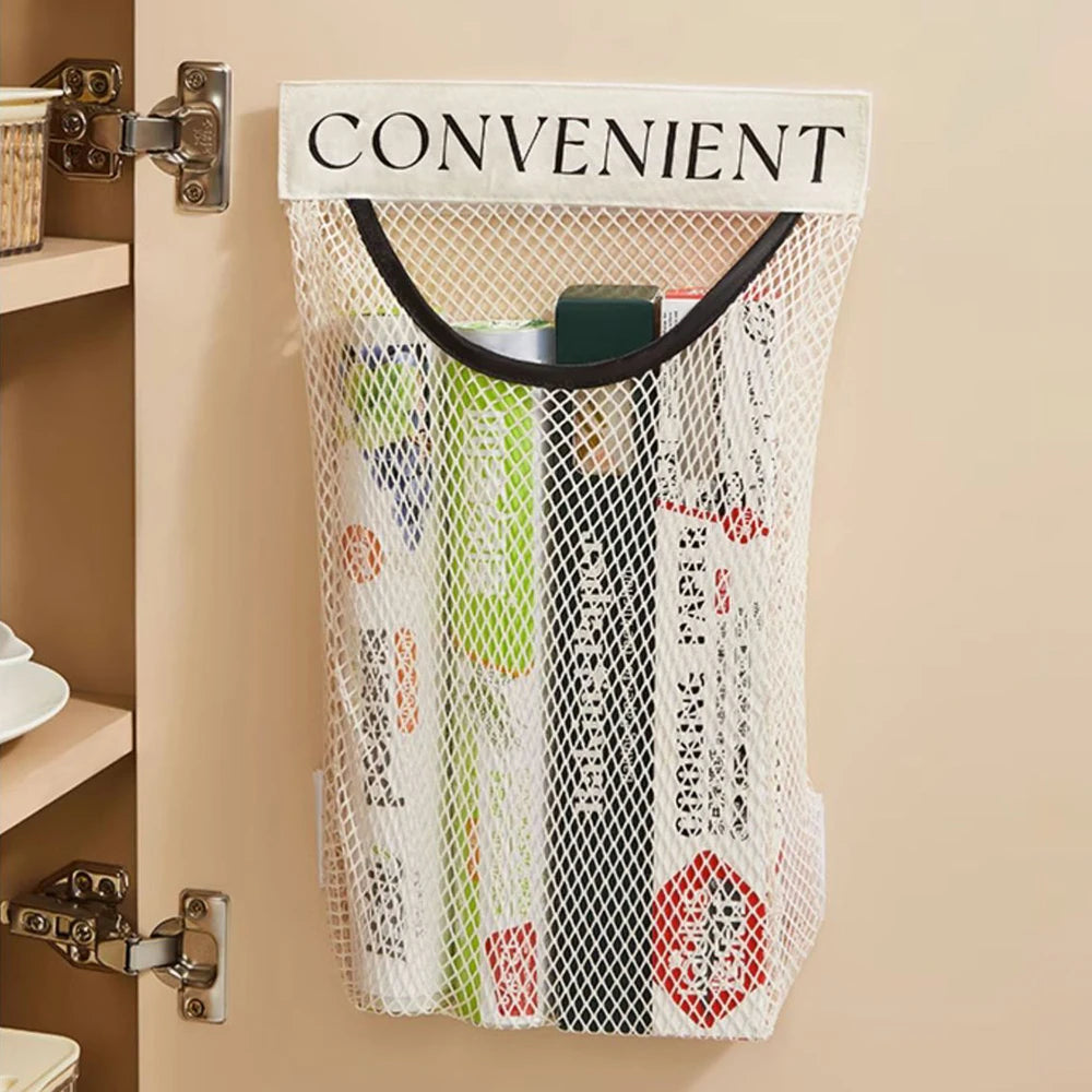 sac rangement suspendu filet beige clair moderne adhésif réutilisable durable organisation cuisine