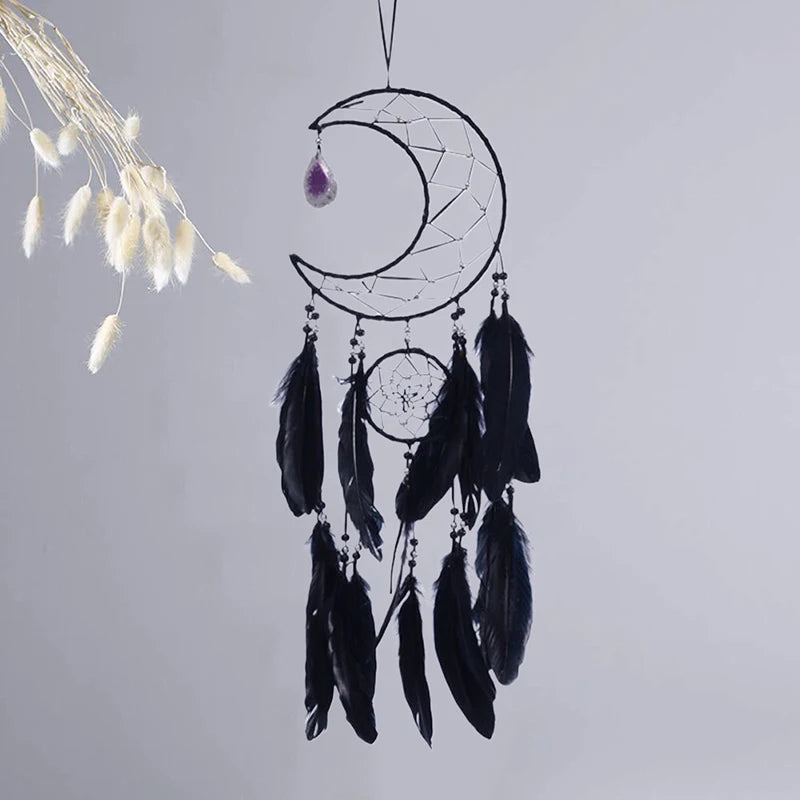 décoration murale attrape rêves noir plumes filigrane pierre semi précieuse boho ethnique chambre coucher