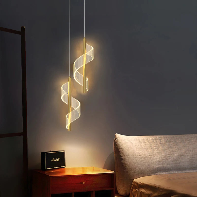 suspension lumineuse moderne or blanc spirale transparent chambre salon