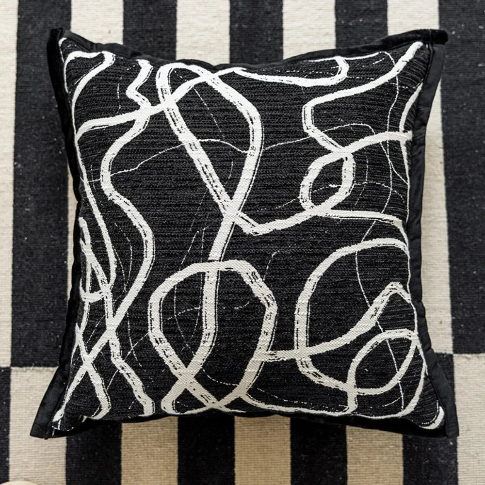 coussin moderne floral rayures beige noir blanc résistant polyester coton