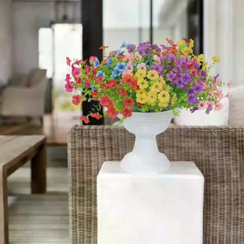 décoration intérieure moderne bouquet artificiel violet fleurs simples feuilles vertes polyester