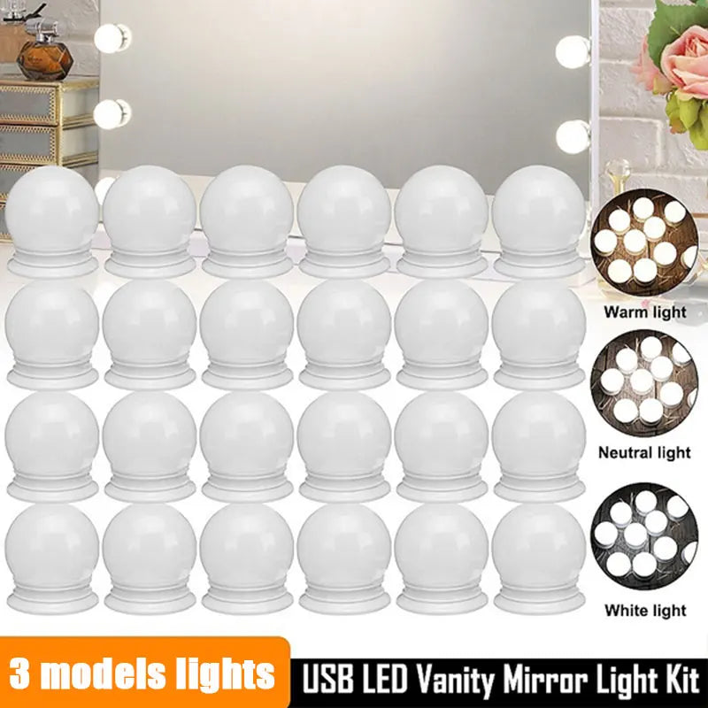 miroir maquillage lumière led blanc moderne interrupteur tactile câble usb 10 ampoules sphères