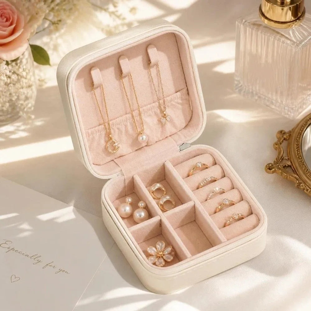 boîte bijoux velours beige rose pâle noir zip rangement classique chic porte bijoux femmes