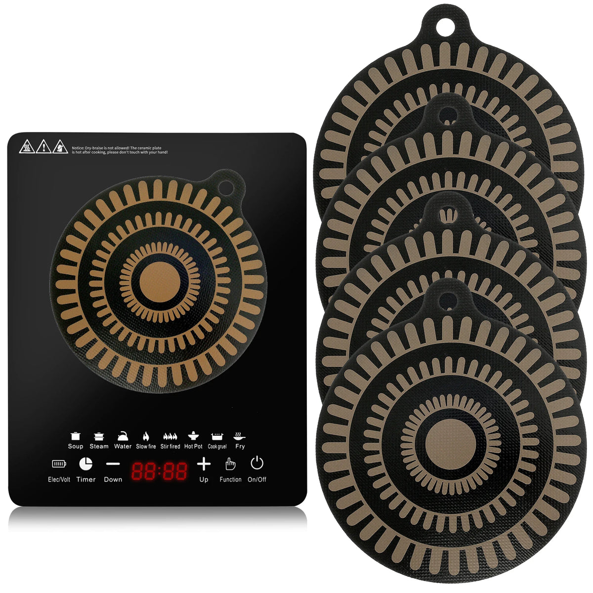 tapis protection plaque cuisson silicone noir beige rayures concentriques moderne facile nettoyage rangement