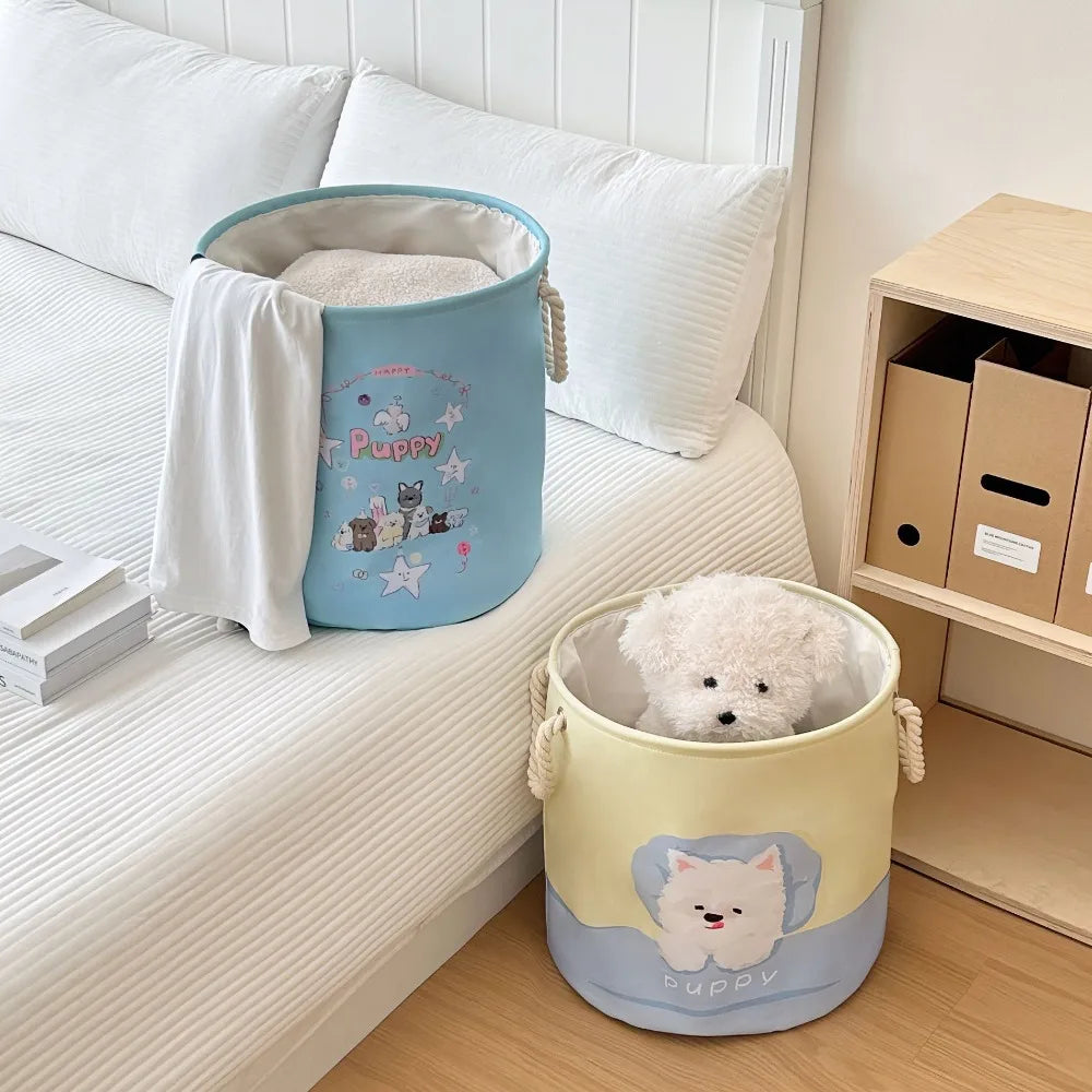 panier linge pliable bleu clair dessins animaux poignées corde utilisation multiple réutilisable