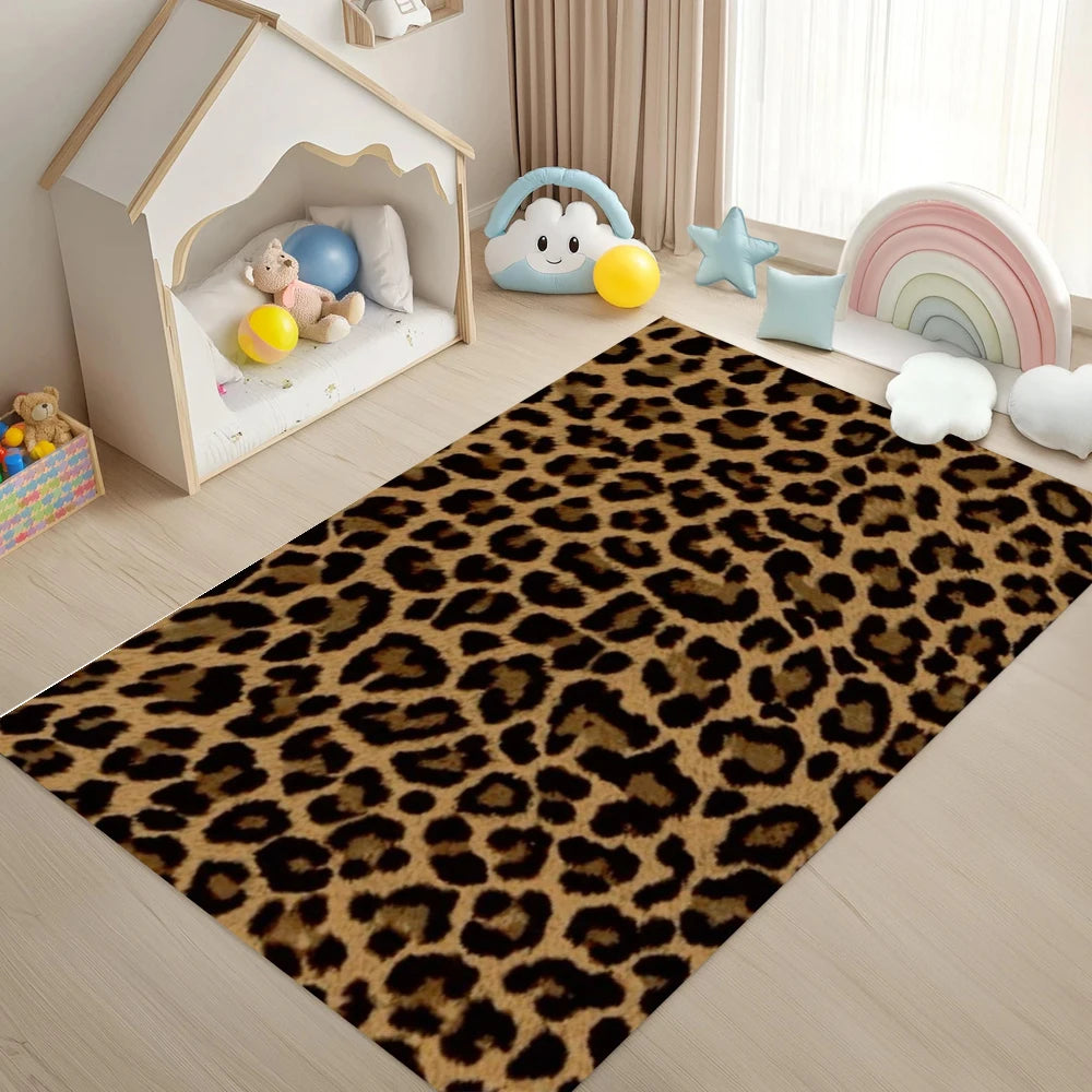 tapis moderne léopard polyester polypropylène beige noir marron salon chambre extérieur
