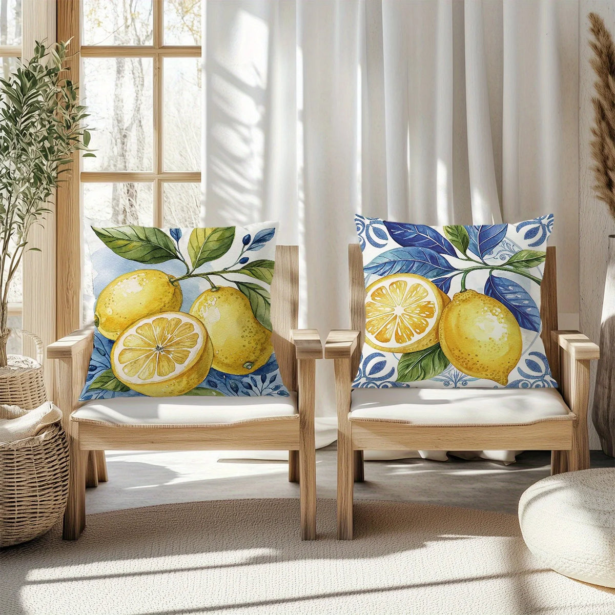 taies d'oreiller décoratives imprimées citrons feuilles bleu moderne maison lit