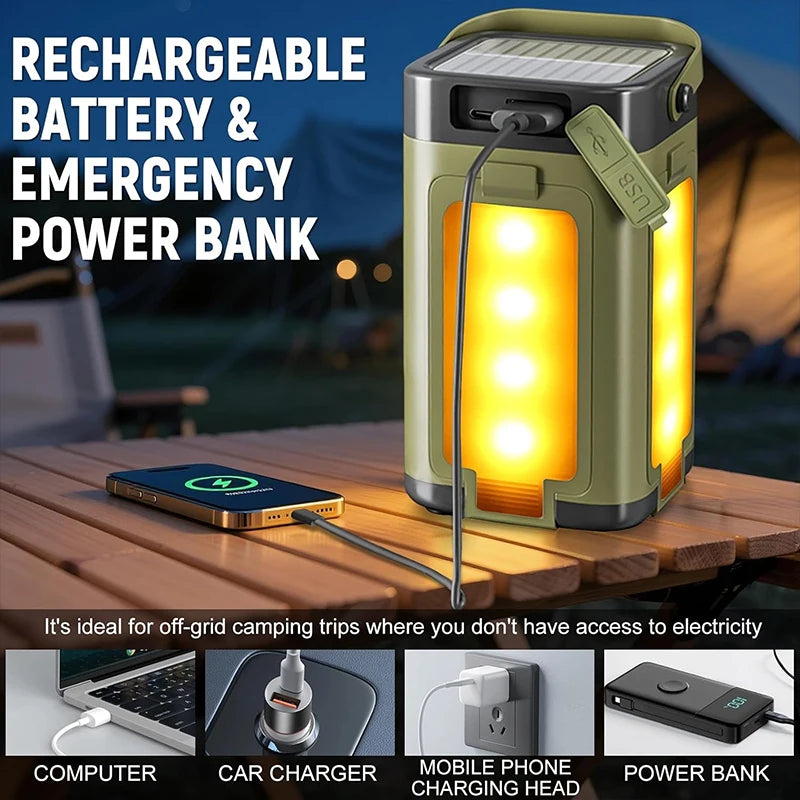 lampe camping rechargeable vert olive led pratique moderne chargeur solaire port usb multiple modes