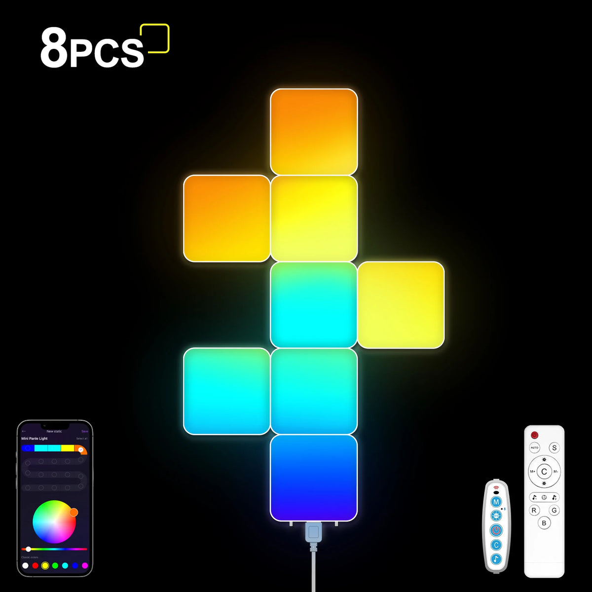 lampe led modulable multicolore pixel art télécommande adhésif contemporain minimaliste fixations inclusées