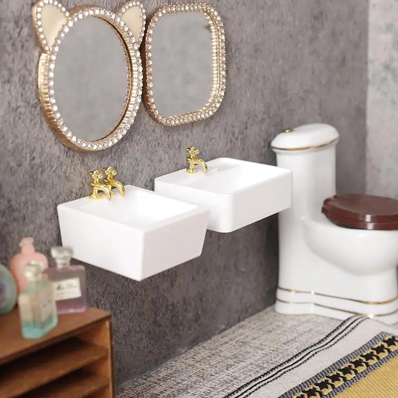 accessoires poupée miniature salle bain lavabos miroirs toilettes meubles tapis textures moderne