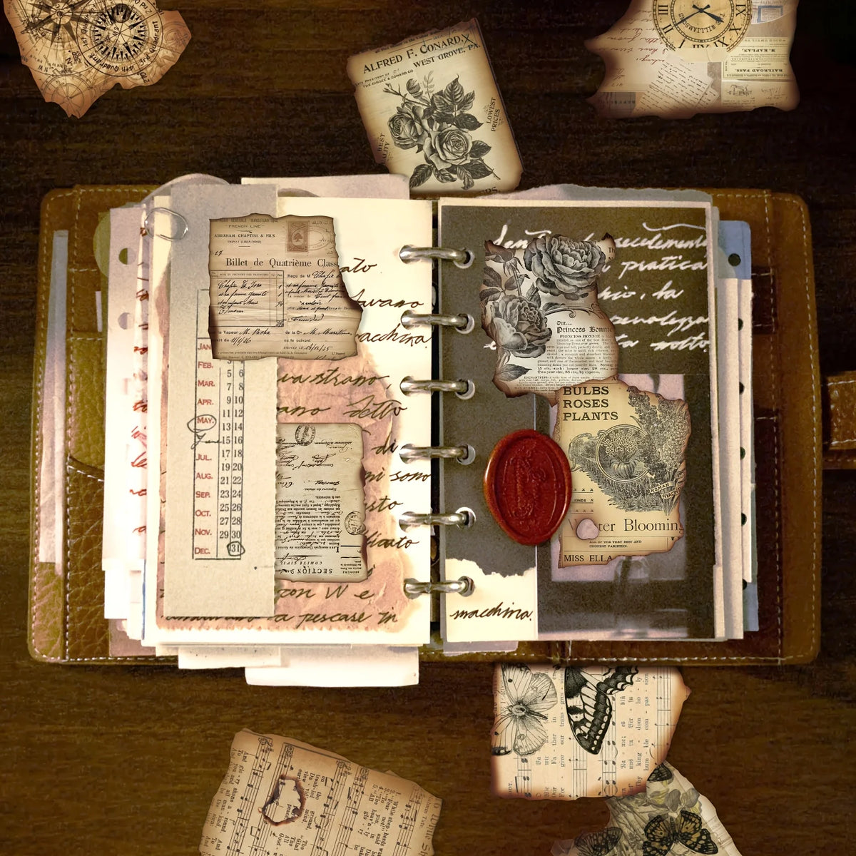 autocollants vintage marron motifs floraux horloges cartes postales papillons texte ancien scrapbooking bricolage diy