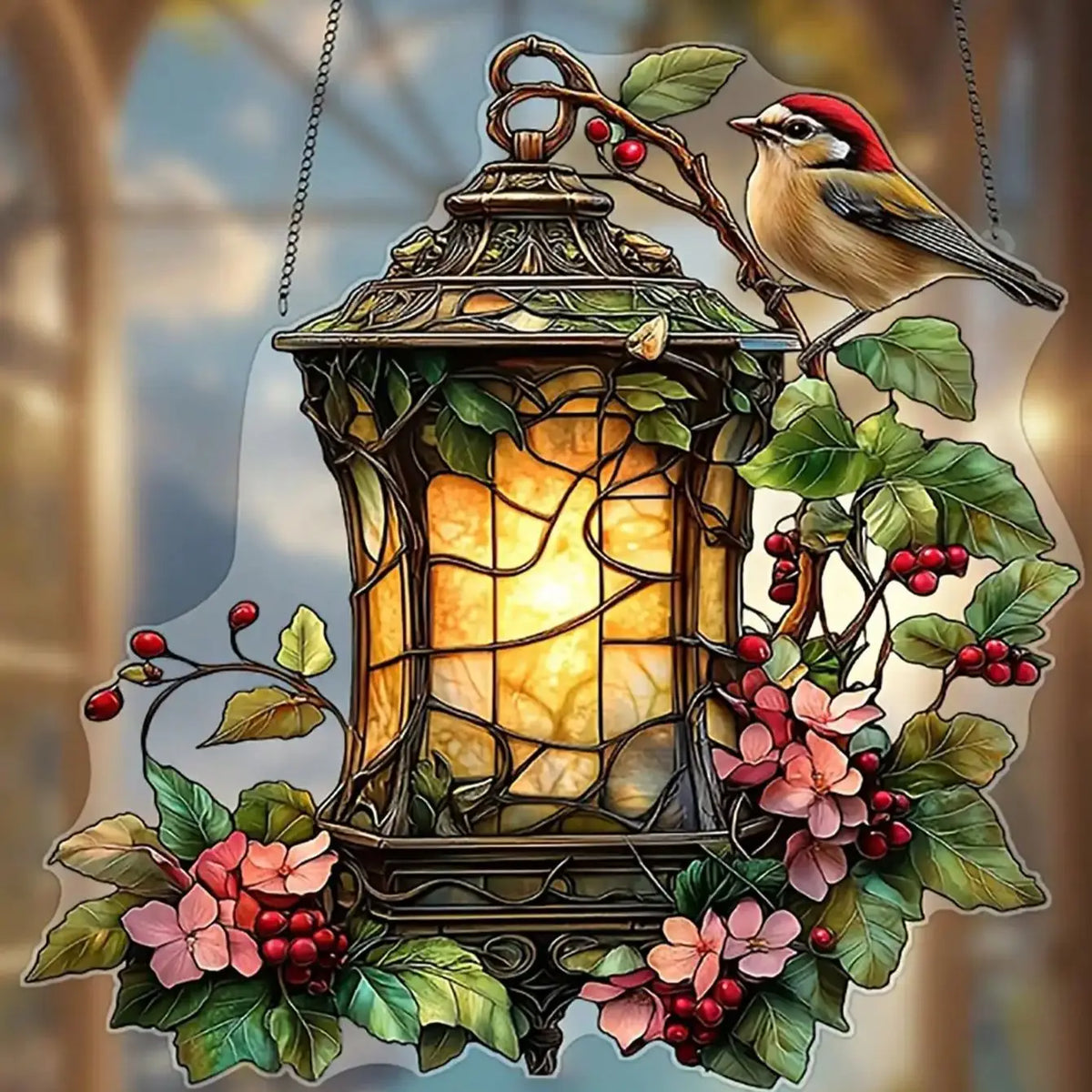 décoration suspendue lanterne oiseau feuilles fleurs champêtre floralextérieur jardin balcon cadeau fête