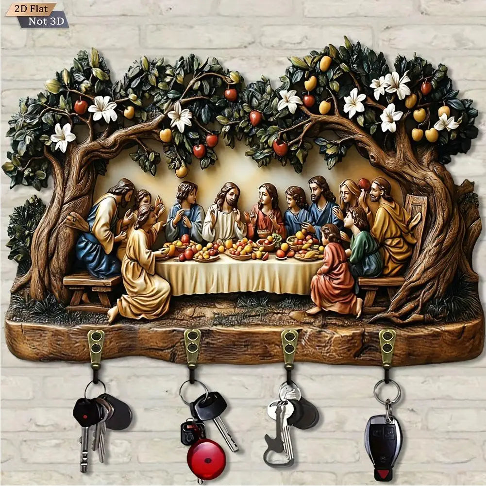 tableau mural décoratif scène religieuse arbre sculpté guirlande fruits fleurs marron beige vert rouge