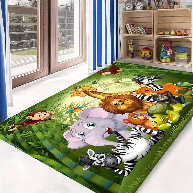 tapis moderne animaux jungle géométrique vert blanc bleu orange jaune polypropylène polyester