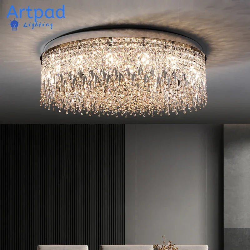 lustre moderne crystal transparent argenté feuilles métalliques opaques éclairage salon restaurant chambre