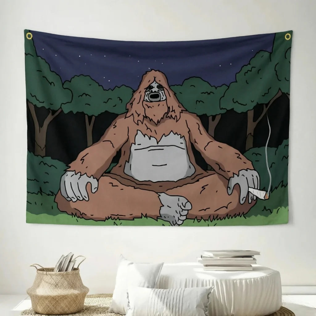 tapisserie murale gorille méditatif dessin animé marron gris vert bleu blanc rose illustration cartoon