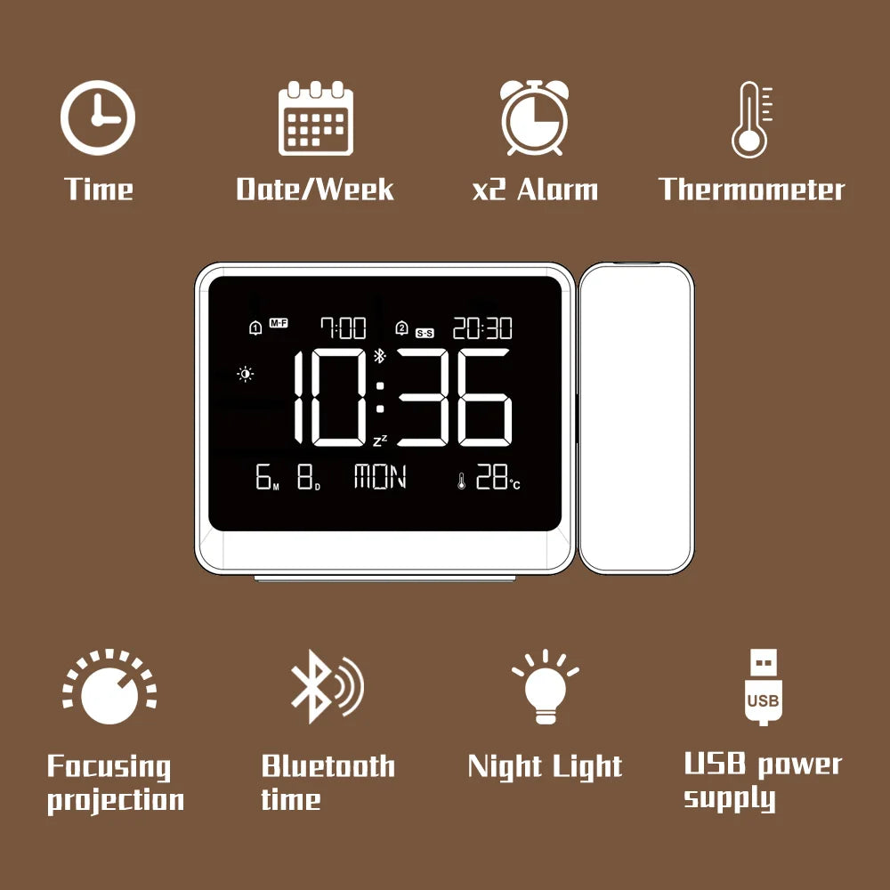 projecteur horloge numérique éclairage nocturne moderne surface mat noir température bluetooth réglable apaisant chambre