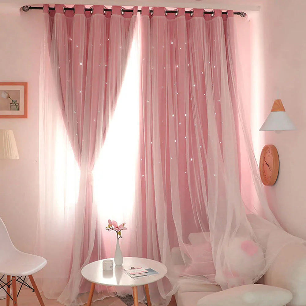 rideau romantique étoiles scintillantes rose blanc plissé semi transparent chambre fille