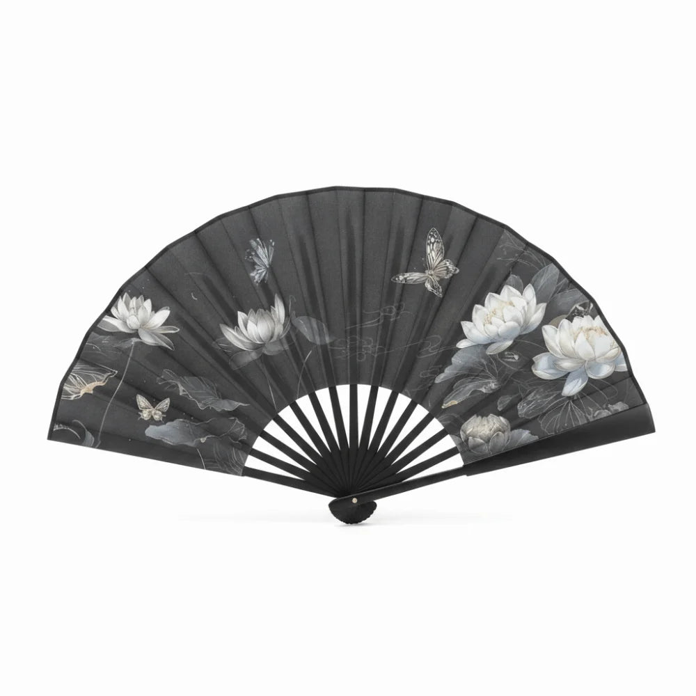 éventails pliants traditionnels chinois fleurs papillons calligraphie paysages noir blanc bleu gris rose support