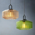 lampe suspendue verre cannelé ambre verte rose moderne minimaliste filament apparent