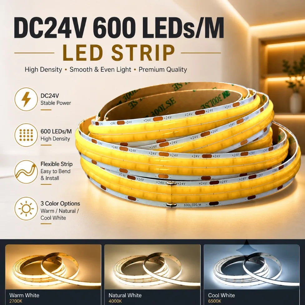 ruban led cob double rangée 24v flexible haute luminosité blanc chaud naturel froid