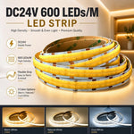 ruban led cob double rangée 24v flexible haute luminosité blanc chaud naturel froid